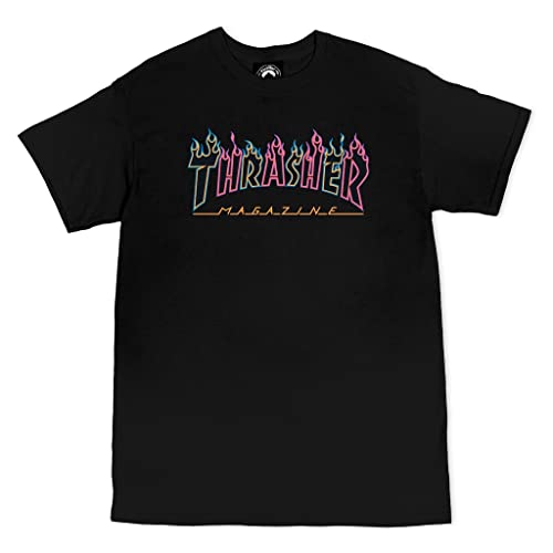 Thrasher Double Flame Neon Logo T-Shirt, schwarz, Klein