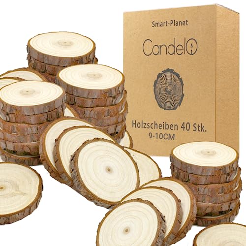 Candelo 40 Holzscheiben Set - Baumscheiben Ø ca. 9 - 10 cm Rund - Deko Holz Scheiben Naturholz - zum Basteln - Dekoration - Hochzeit - Weihnachten
