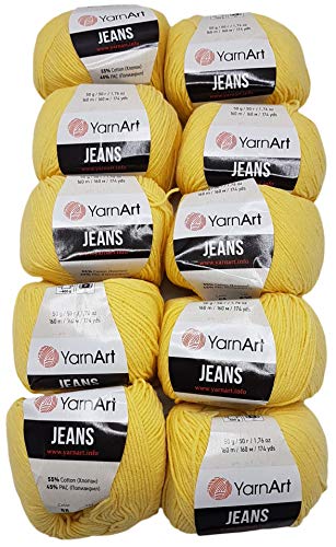Ilkadim 10 x 50g Strickwolle YarnArt Jeans einfarbig mit 55% Baumwolle, 500 Gramm Wolle Uni (gelb 88)