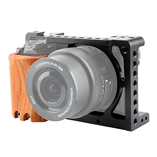 NICEYRIG Aluminium Kamera Käfig mit Cold Shoe und Holz Handgriff für Sony A6100 A6400 A6000/A6300
