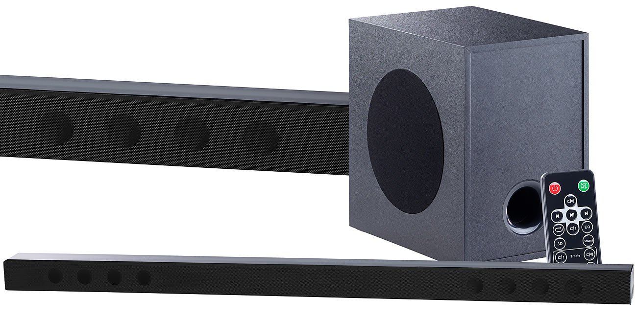 auvisio Soundanlage: Soundbar mit Bluetooth, 3D-Sound-Effekt und externem Subwoofer, 180 W (Soundbar TV, TV-Lautsprecher-Soundbar, iPhone Speicher)