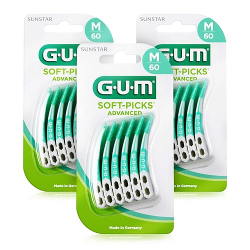 GUM SOFT-PICKS ADVANCED Interdentalreiniger | Gebogene Form Für Leichten Zugang Zu Schwer Zugänglichen Stellen | Sanfte Wirkung Für Empfindliches Zahnfleisch (M - 3x60)