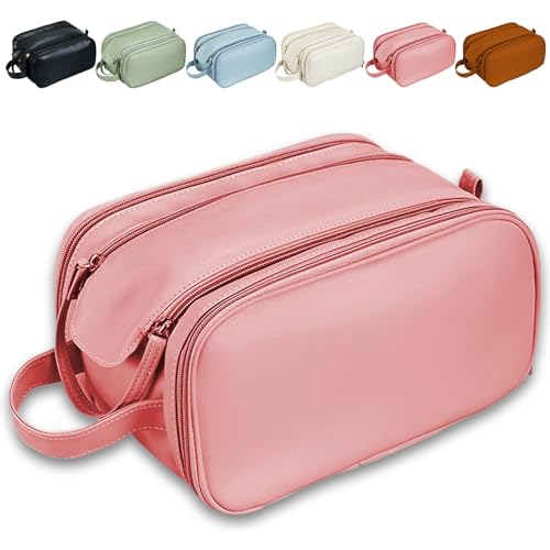 Large Capacity Travel Cosmetic Bag, Luxorluxe Makeup Bag, PU Leather Three Layers Makeup Travel Bag, Multifunctional Waterproof Storage Bag (Pink)