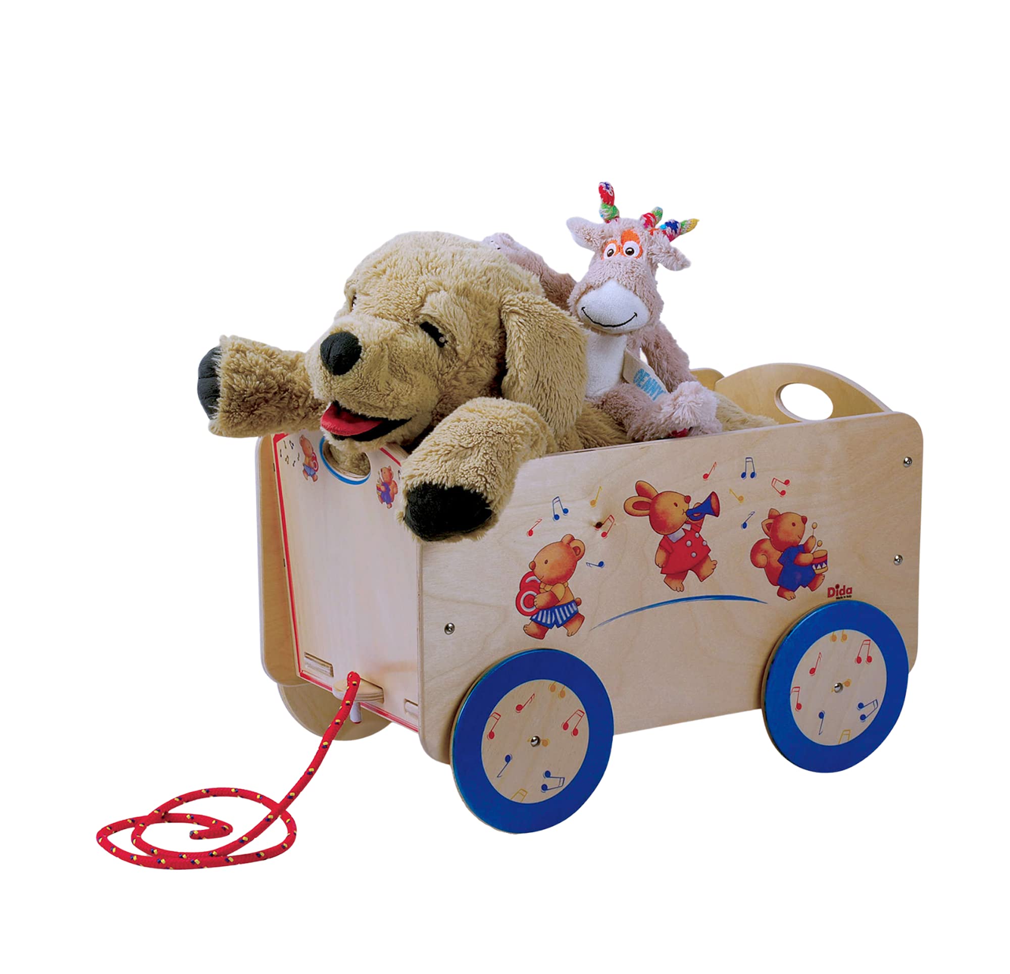 Dida - Holzwagen mit Rädern für Gegenstände und Kinderspielzeug. Dekoration: musizierende Tiere.