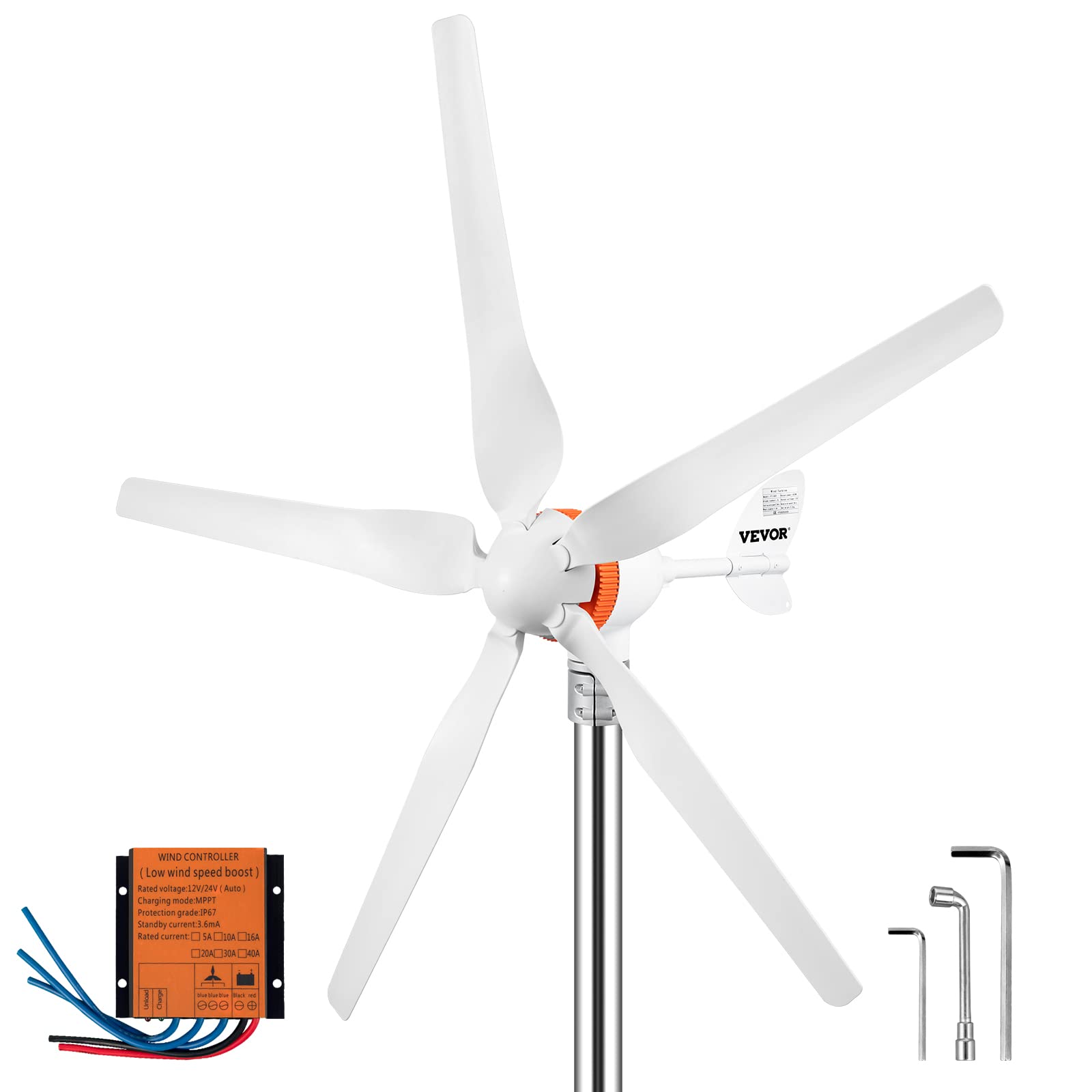 VEVOR Windturbinengenerator 300 W Windgenerator, 12 V Elektrisch MPPT Controller, 13 m/s Windkraftanlage mit 5 Blatt Laderegler Windkraftgenerator, Windkraftturbinengenerator für Stromergänzung