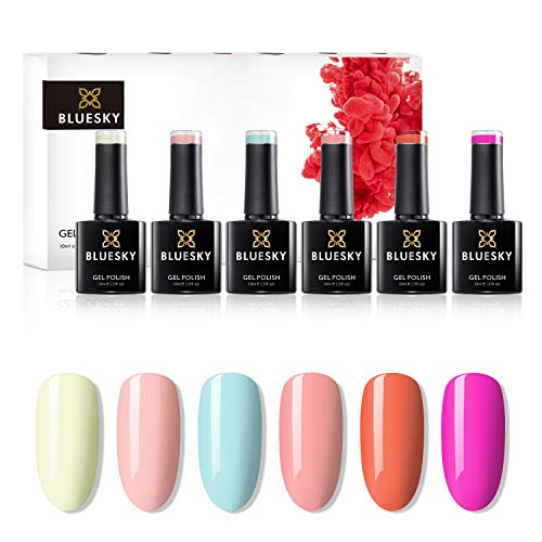 BLUESKY Gel Nail Polish Set, Summer Party Collection, Soak Off Gel Nagellack, Rosa, Grün, Blau, Orange, Grün, Pfirsich, Lange Andauernd, 6 x 10ml 10 ml