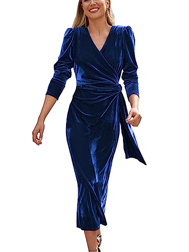 UYIDSNOF Damen V-Ausschnitt Wrap Langarm Elegant Mermaid Samt Cocktail Kleid Abendkleid,Blau,M