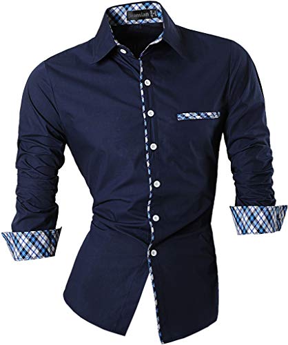 jeansian Herren Freizeit Hemden Shirt Tops Mode Langarmlig Men's Casual Dress Slim Fit Z020_Navy_XL