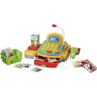 PlayGo 3215 - Kasse mit handbetriebenem Transportband, elektronischem Rechner, Kreditkartenabrechnung und abschließbarer Schublade mit Geld, inklusive Einkaufskorb mit Zubehör