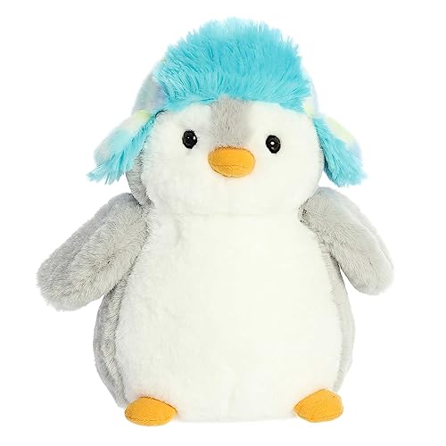 Aurora® Playful Pompom Penguin™ Blaues Mosaik-Stofftier – lebendige Begleiter – endloser Spaß – Grau, 25,4 cm