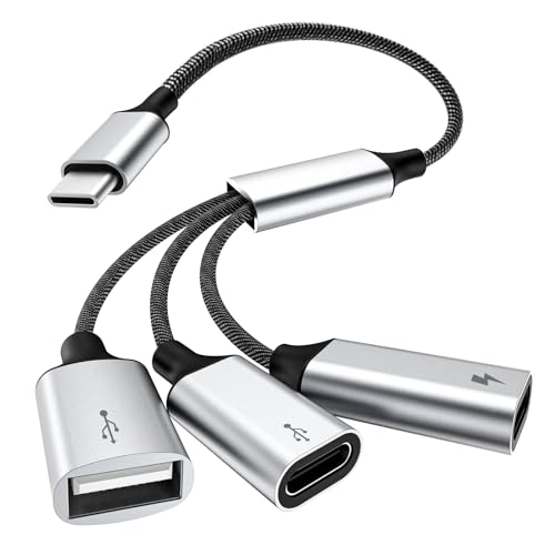 TiMOVO USB C Splitter Adapter Y Kabel, USB-C Stecker auf 2 USB-C Buchsen & 1 USB-A Buchse Adapter, Datenübertragung und Aufladen USB C Splitter für Steam Deck, ASUS ROG Ally, Xbox One Serie, PS5, Mac