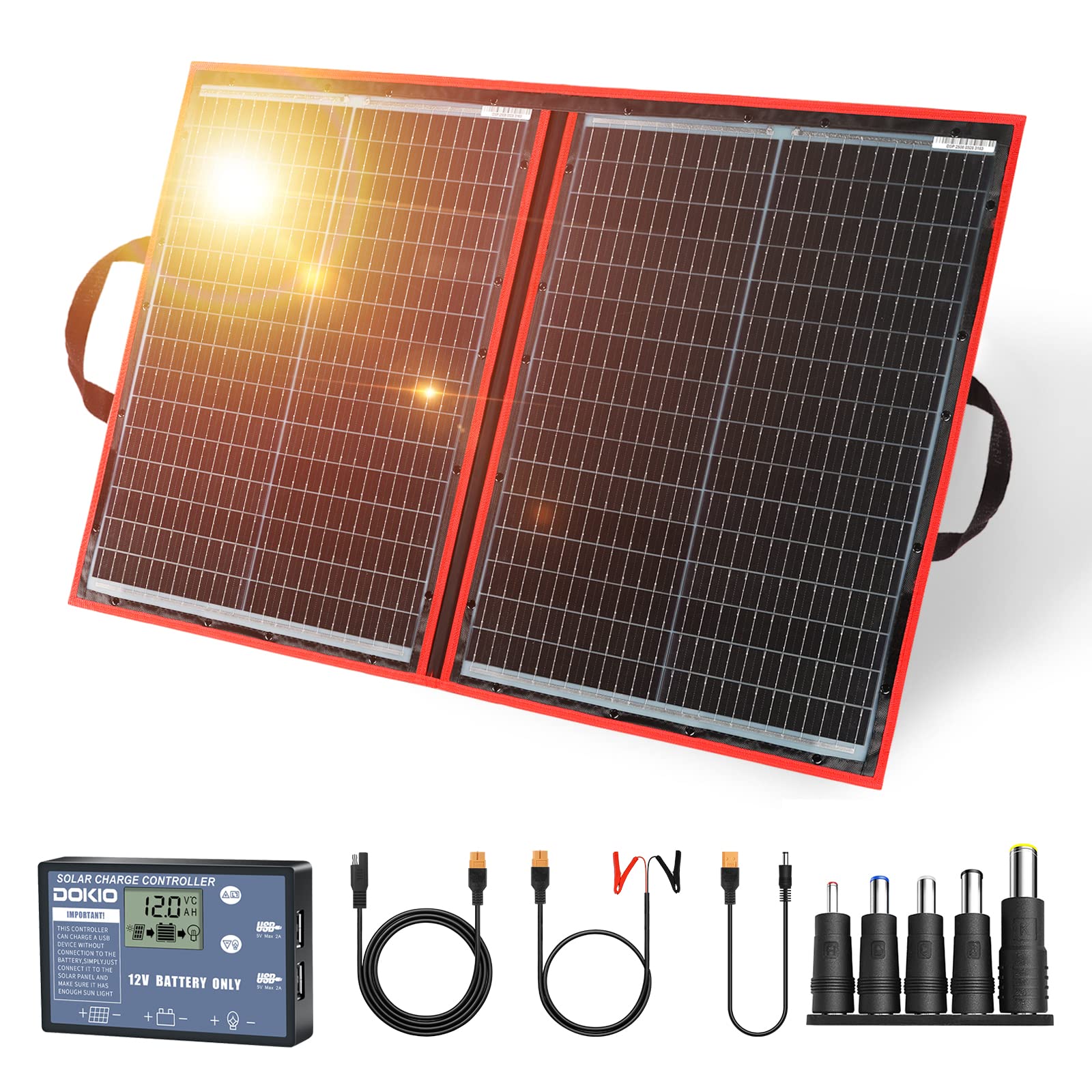 DOKIO 110W 18V Faltbar Solarmodule Monokristalline mit Solarregler(Lcd-Anzeige + 2 Usb-Ausgang) FüR 12v Batterie, AGM, Gelbatterie, SäUrebatterie, Generatoren