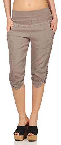 Malito Damen Hose aus Leinen | Stoffhose in Uni Farben | Freizeithose mit Knöpfen | Chino - Capri - Strandhose 7988 (Fango, M)