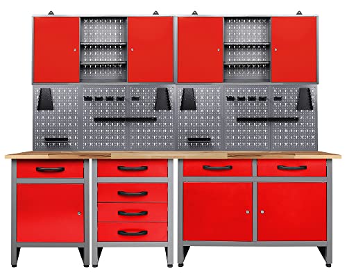 Ondis24 Werkstatteinrichtung 7 teilig rot Werkbank Werkzeugschrank Lochwand Werkstattausrüstung 240 cm