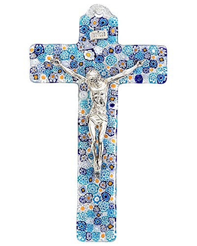 Motivationsgeschenke by Butzon & Bercker Kruzifix Jesus Christus | 23cm Wandkreuz Floral Blau | Murano Glas | Metall Corpus Silber | Glaskreuz | Moderne christliche Dekoration | (Floral, blau 23x14cm)