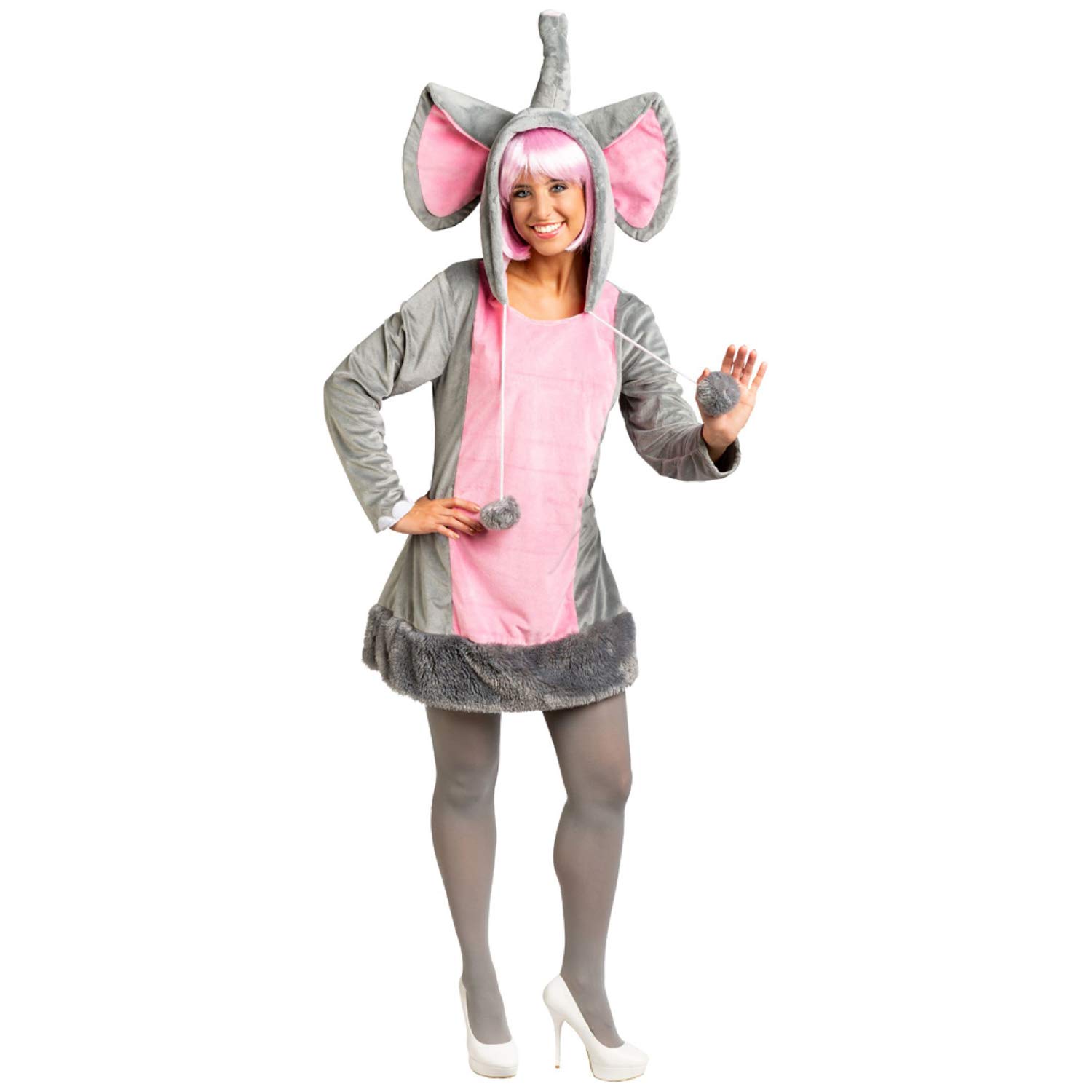 Amakando Hübsches Elefanten-Dress für Erwachsene/Grau-Rosa 38/40 (S/M) / Plüschige Damen-Verkleidung Dickhäuter/Perfekt geeignet zu Fasching & Karneval
