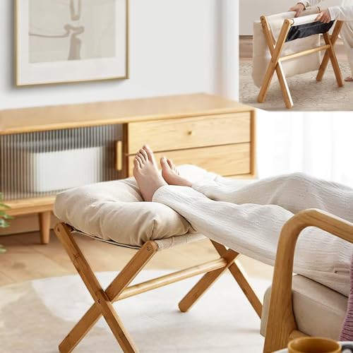 uyoyous Plüsch Fußhocker Klappbar Bambus Sitzhocker Wohnzimmer Ottoman, Faltbar Fußstütze Sitzfläche Fußhocker aus Holz Ottomane mit Bambusbein und Abnehmbar Gepolsterte, Beige