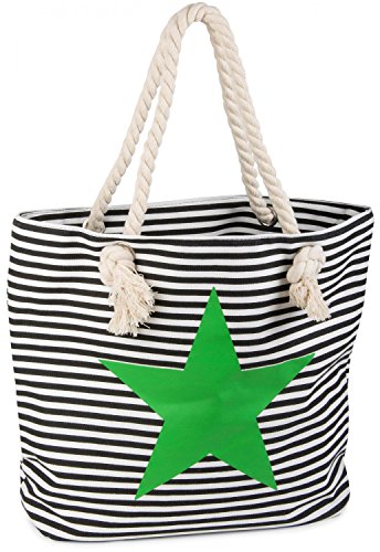 styleBREAKER Strandtasche in Streifen Optik mit Stern, Schultertasche, Shopper, Damen 02012037, Farbe:Schwarz-Weiß/Grün