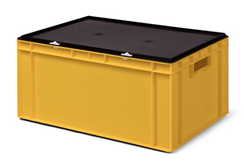 Transport-Stapelbox gelb, mit schwarzem Verschlußdeckel, 600x400x281 mm (LxBxH), aus Polypropylen