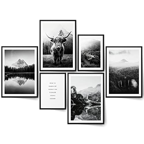 BLCKART Hochland Kuh Bilder Set Schwarz Weiß Beidseitige Natur Poster Wohnzimmer Deko Wandbilder (M | 4X A4 | 2X A5 | Holzrahmen (schwarz), Hochland Kuh)