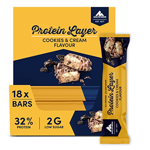 Multipower Protein Layer Bar Energieriegel mit 30% Protein - Fitnessriegel à 18x50g - Proteinriegel als Sport-Snack - Eiweißriegel mit Cookies und Cream Geschmack - kalorienarmer Eiweißriegel