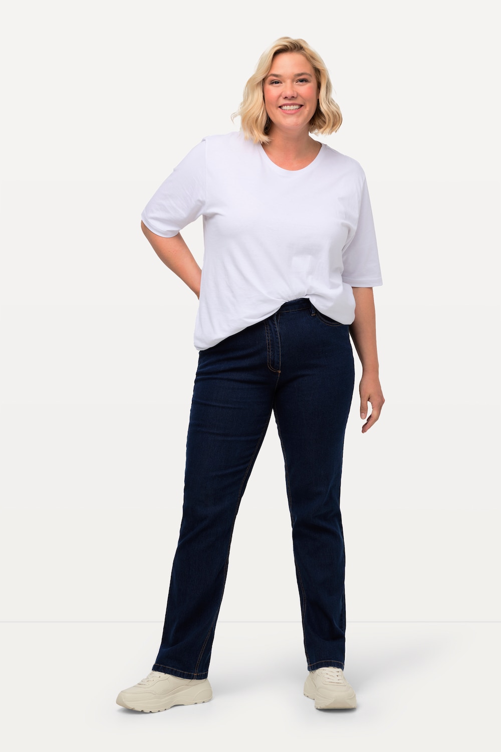 Ulla Popken Große Größen Damen Straight Jeans Regular Fit Stretch, K Blau (Dunkelblau 93), 58 (Herstellergröße: 29)