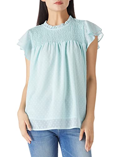 Amazon Brand - find. Lässiges Polka Dots Damen-T-Shirt gerüschte Bluse mit kurzen Armen Top, Blau, Size S