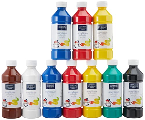 Lefranc & Bourgeois 188538 Value Kinder Acrylfarben Set, auf Wasserbasis, mit Glanzeffekt, seidenglänzender Finish, deckend, Dosieröffnung, 10 Farben, in 500ml Flaschen