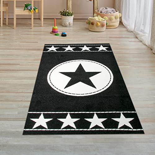 Kinderteppich Spielteppich Kinderzimmer Teppich Sternteppich Sterne Schwarz Creme 80x150 cm