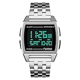 FeiWen Herren Multifunktional Digitale Uhren Plastik Wählscheiben mit Edelstahl Band LED Doppelte Zeit Sport Armbanduhren (Silber)
