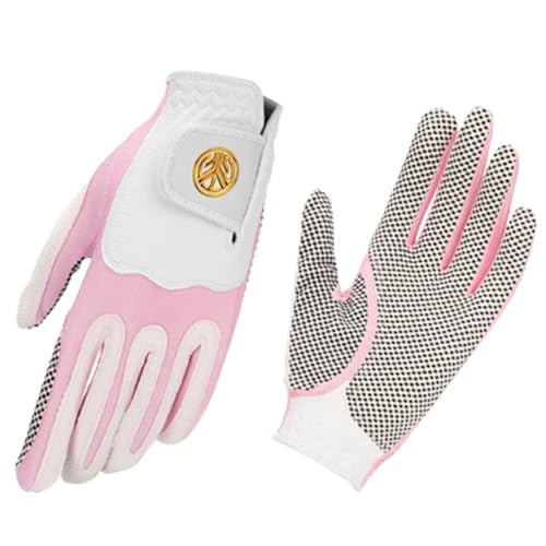 YaoFafa2178 1 Paar Damen-Golfhandschuhe, Weiches, Atmungsaktives PU-Leder mit Rutschfesten Partikeln, Verschleißfest, Waschbar, Outdoor-Sport, Golfzubehör,Pink,S(Length18cm)