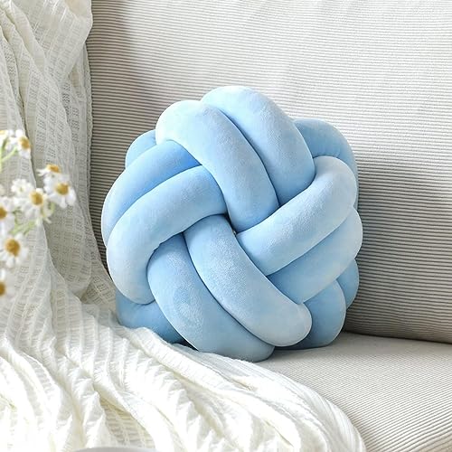 TOTLAC Knotenkugelkissen, Knoten-Ball-Kissen, 20cm Weiches Dekoratives Kisse Handgewebte Baby-Haar-Kissen-Plüschtier Modernes Dekokissen mit Knoten für Schlafzimmer, Sofa, Couch (27cm, Hellblau)