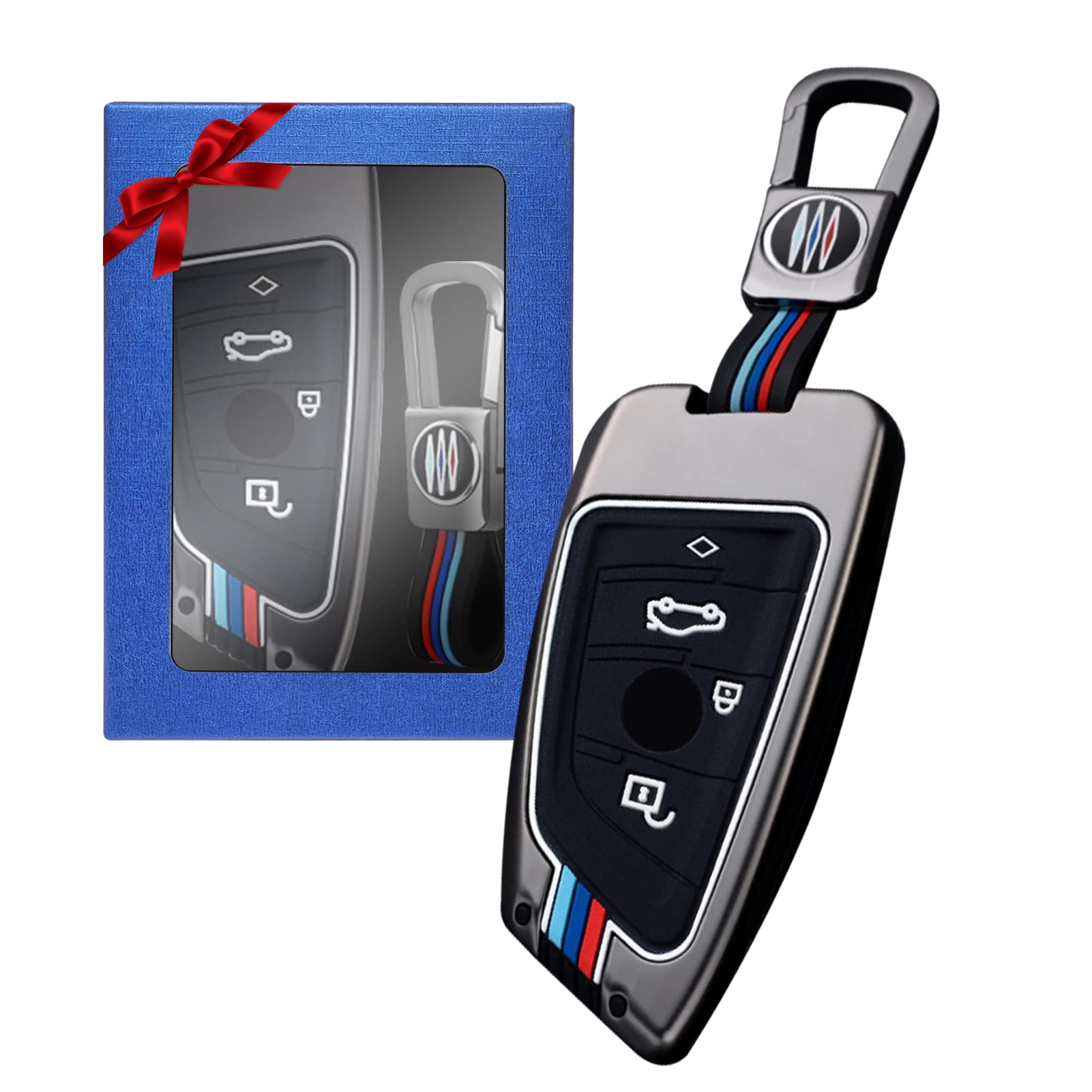 Yumzeco Zinklegierung Autoschlüssel Hülle Keyless Kompatibel mit BMW 2 3 5 7 Serie X1 X2 X3 X5 X6 Schlüsselhülle mit Silicone TPU Schlüssel Cover Schutzhülle mit Schlüsselanhänger Grau