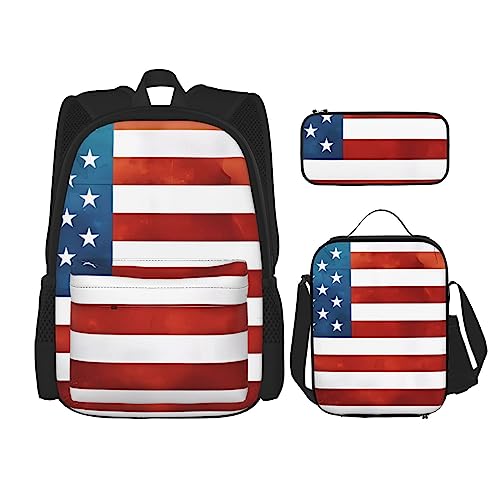 PartyUnix Vintage Amerikanische Flagge Drucke Rucksack 3-teilig Schultasche mit Lunchbox und Federmäppchen Set - Geeignet für Jungen und Mädchen, Schwarz , Einheitsgröße, Kinderrucksack