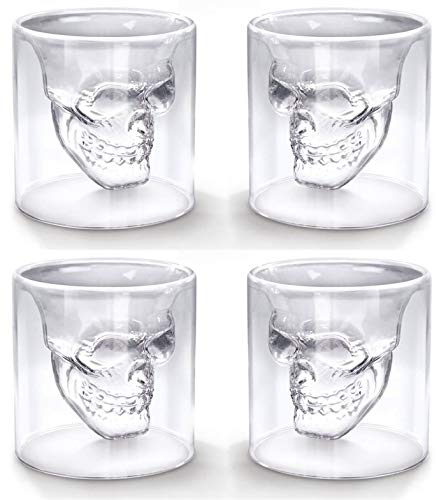 Eidoct Kristall-Totenkopf-Schnapsgläser, doppelwandige Glasbecher, lustige Kristall-Trinkbecher, Whiskeygläser, coole Bierbecher für Wein, Cocktail, Wodka, 4 Stück (75 ml x 4)
