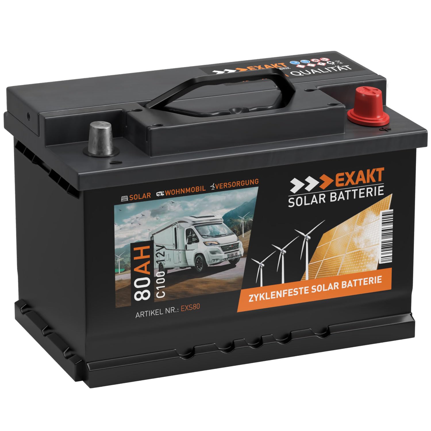 EXAKT Solarbatterie 12V 80Ah Wohnmobil Boot Antrieb Versorgung Mover Photovoltaik Windkraft Batterie ersetzt 75Ah 70Ah