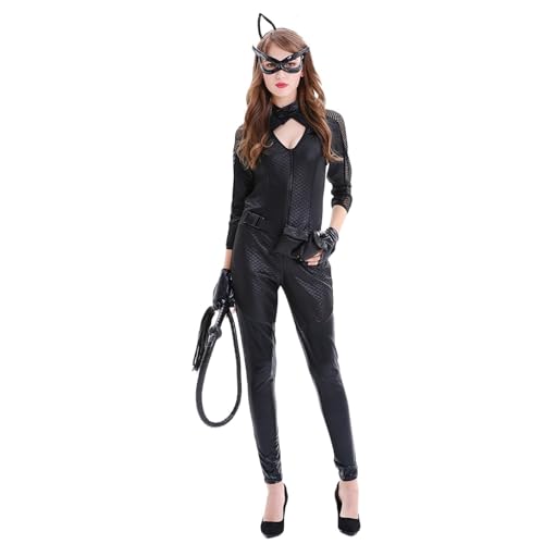 Damen Katzenanzug Bodysuit Langarm Halloween Cosplay Kostüm (Color : Black, Size : L)