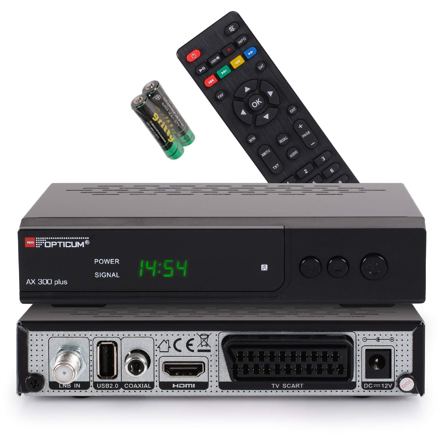 RED OPTICUM AX 300 Plus Sat Receiver I Digitaler Satelliten-Receiver HD - DVB-S2 - HDMI - SCART - USB 2.0 - Coaxial Audio I 12V Netzteil ideal für Camping I Receiver für Satellitenschüssel Schwarz