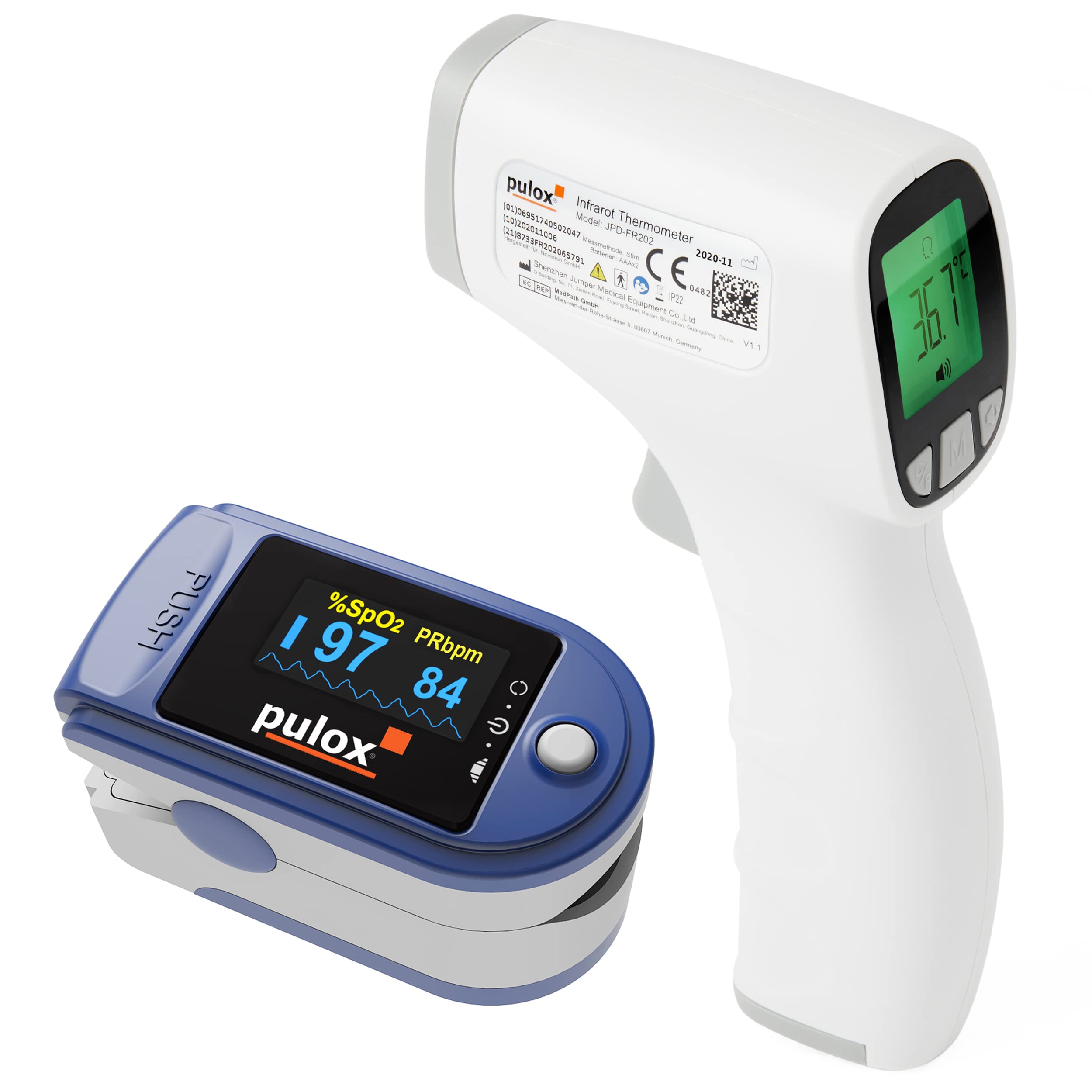 Pulsoximeter pulox PO-200 Solo Set mit Infrarot Thermometer JPD-FR202