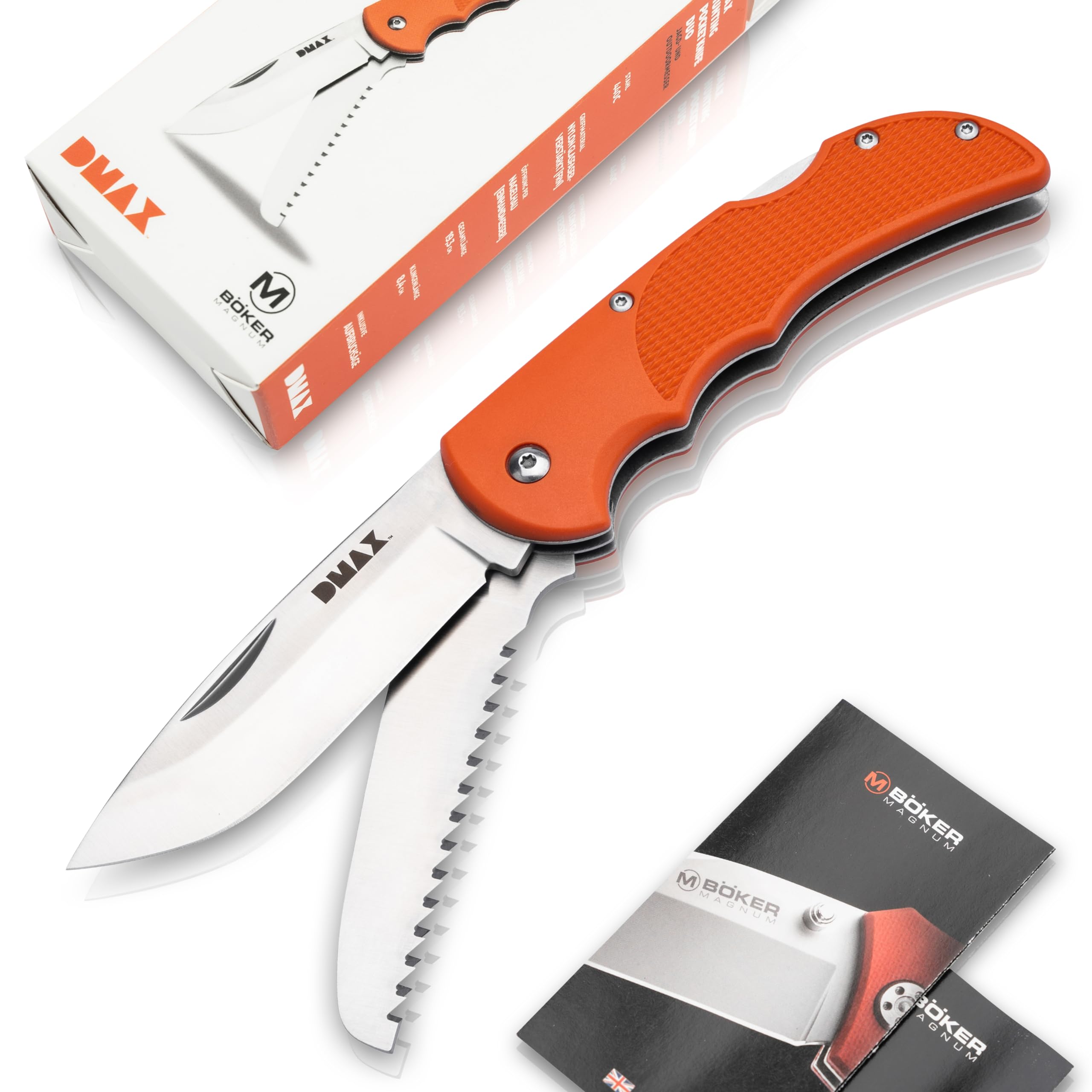 DMAX® Hunting Pocket Knife Duo - klappbares Jagdmesser mit Säge - Jagd Taschenmesser mit Kunststoff-Griff orange - Zweihand Backlock Klappmesser mit Gürtel-Tasche - coole Geschenk-Idee für Männer