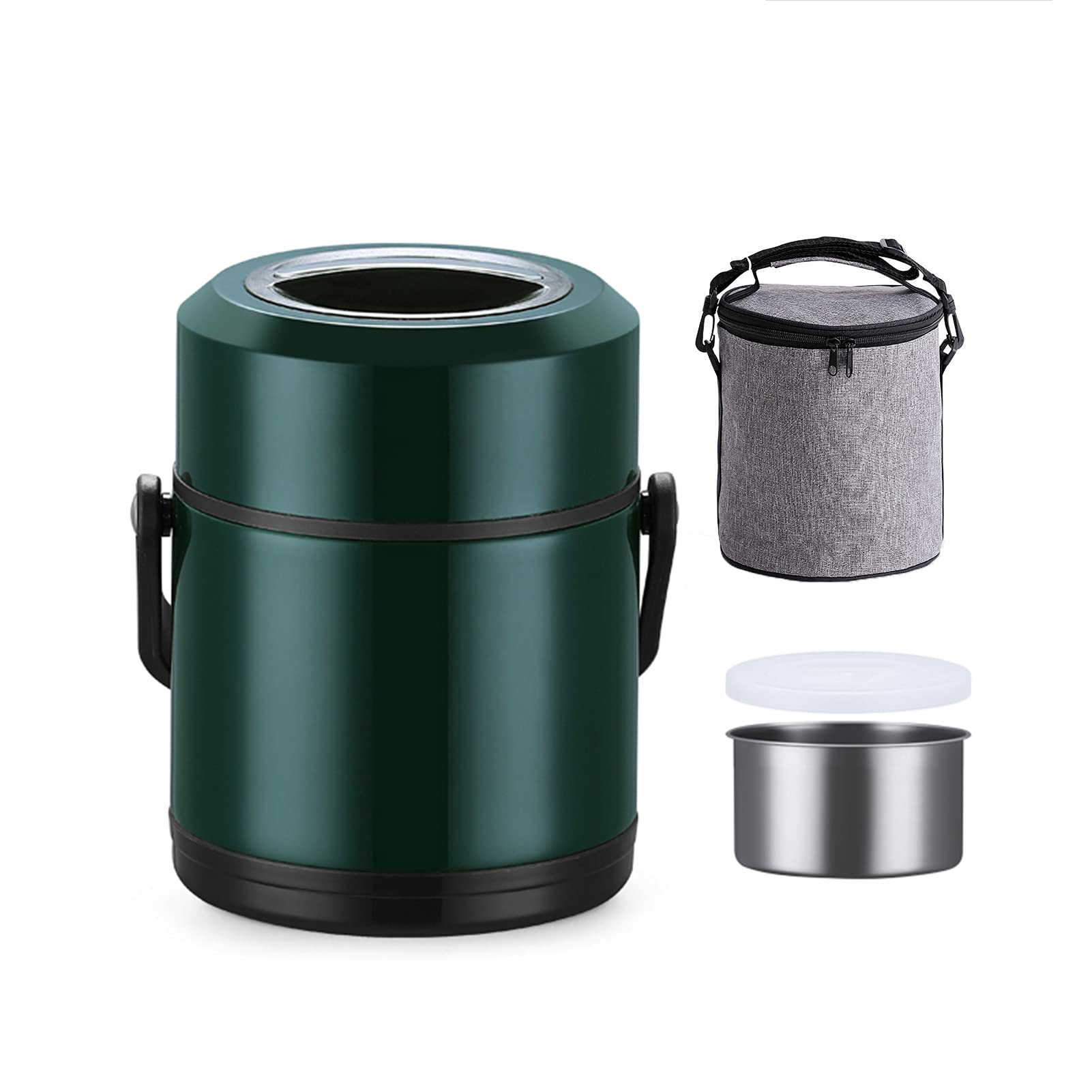 SJASD Isolierbehälter Box, Thermo Lunchbox mit Lunchtasche, Auslaufsicherer Thermos-Lebensmittelbehälter aus Edelstahl, Thermo Speisebehälter Bento Boxen für Schulbüro-Picknick-Reisen,Grün,1.3L