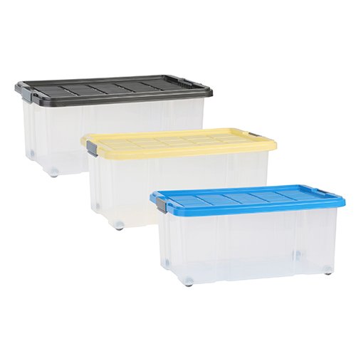 axentia Aufbewahrungsbox mit Rollen & Deckel, Stapelbox aus Kunststoff 45 Liter, Eurobox transparent, Maße: ca. 60 x 40 x 26 cm, Anthrazit, blau oder gelb - Farbe nicht wählbar
