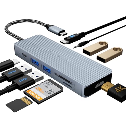 10-in-1 USB-C-Hub-Dockingstation mit 4K HDMI, USB-C-Datenübertragungsanschluss, 2 x USB 3.0 Typ-A, 2 x USB 2.0 Typ-A, SD/TF-Kartenleser, 3,5 mm Stereo-Klinkenstecker für Mac OS und Windows