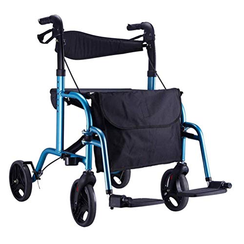 4-Räder-Walker-Rollator, höhenverstellbarer, zusammenklappbarer Transportstuhl für Erwachsene, umkehrbare Rückenlehne, abnehmbare Fußstützen und abnehmbare Aufbewahrungstasche für