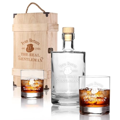 Premium Whiskeybox 2 Leonardo Whiskeygläser und Whiskeykaraffe mit Gravur Gentleman Whisky-Set graviert in Holzkiste