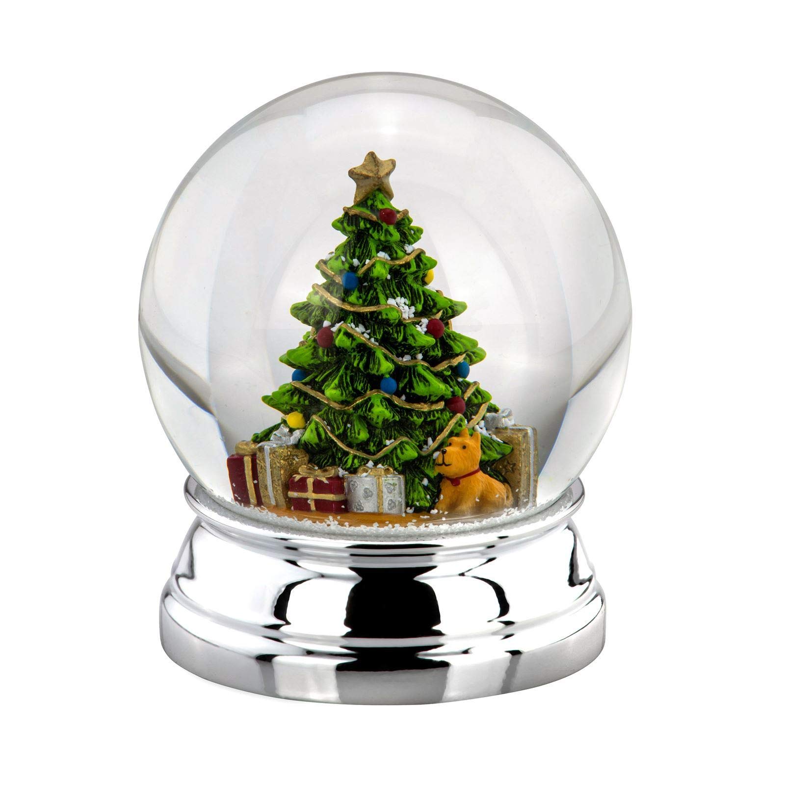 Große versilberte Glas Schnee-Kugel mit geschmückten Weihnachtsbaum Ø 10 cm - Chrismas Deko Schüttelkugel für Winter & Weihnachten