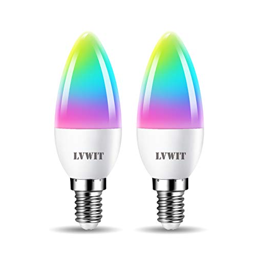 LVWIT Alexa Lampe E14 LED, Wlan Glühbirnen 4.9w Dimmbar Birne Bluetooth E14 Smart RGB LED 2700K-6500K 470LM, Kompatibel mit Google Home Alexa Echo, Kein Hub (2er Pack)