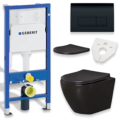 KOLMAN WC Set: Geberit Duofix Basic UP 100 Vorwandelement + Wand-WC Delos Schwarz + Drückerplatte Delta01 Schwarz + Slim Duroplast WC-Sitz mit Soft-close + Schallschutzmatte