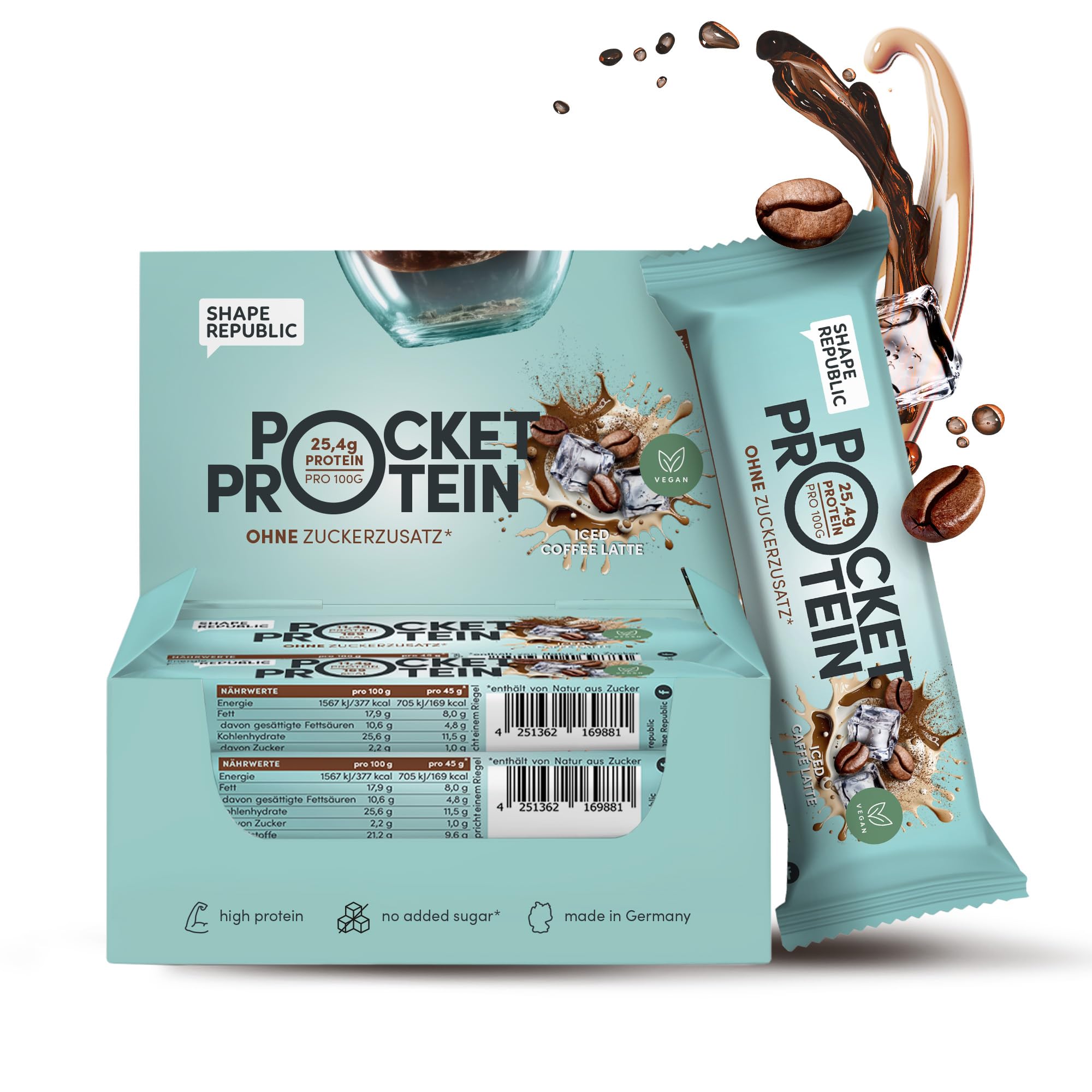 SHAPE REPUBLIC High Protein Riegel Iced Café Latte - Eiweiß Riegel mit 12 x 45g - Laktosefrei & Glutenfrei - Der Snack für jede Tasche