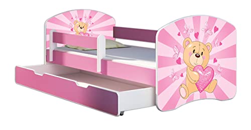 Kinderbett Jugendbett mit einer Schublade und Matratze Rausfallschutz Rosa 70 x 140 80 x 160 80 x 180 ACMA II (10 Teddybär, 80 x 160 cm mit Bettkasten)